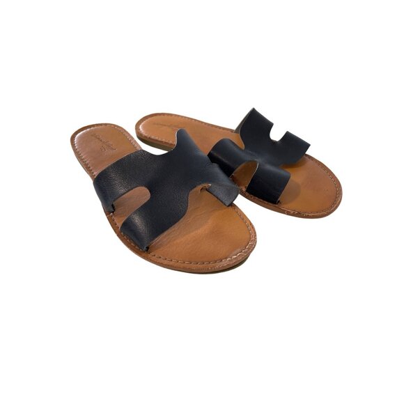 Universal Thread Slide Sandals Size 7.5 Open Toe Black Faux Leather Comfort Flat - Picture 1 of 9